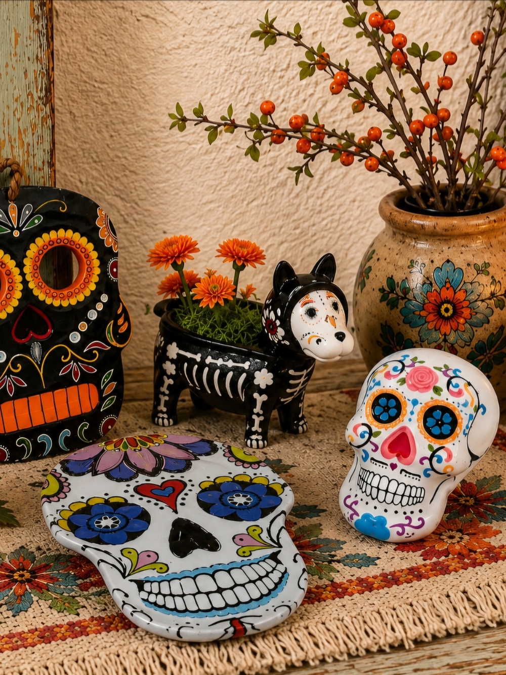 Halloween Sugar Skull Décor Collection – 4 Piece Day of the Dead Skull Set